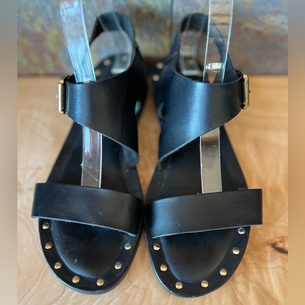 Black Bella-Vita Leather Sandals, goldtone studs, made in Italy,8.5W, like new,
